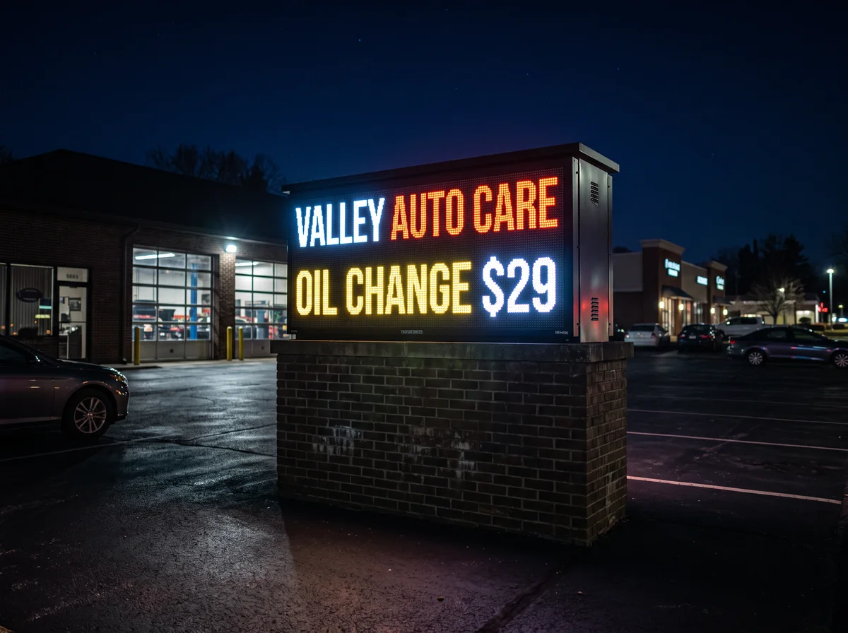 A full-colour LED message-centre sign on a brick monument base glowing at night outside an auto-service shop