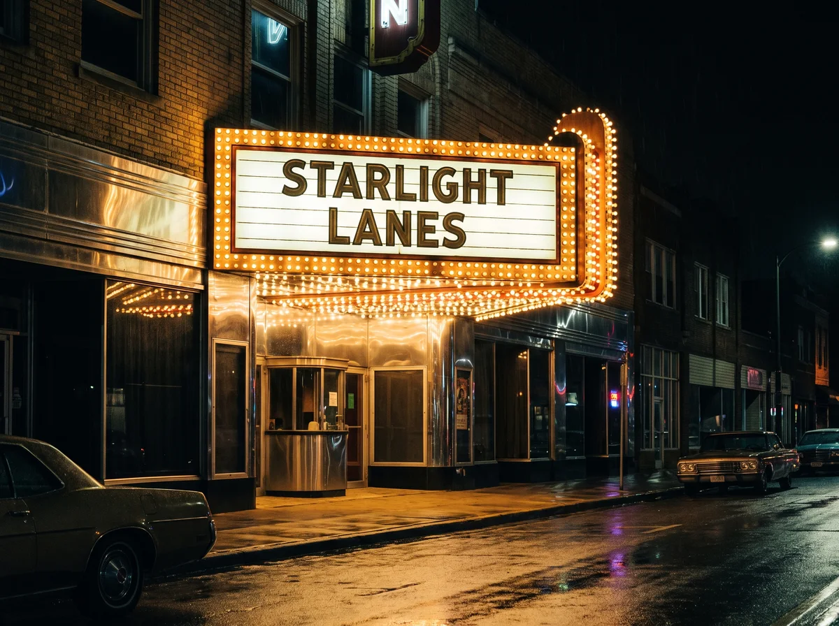 A bulb-lit marquee sign glowing golden over a bowling-alley entrance at night