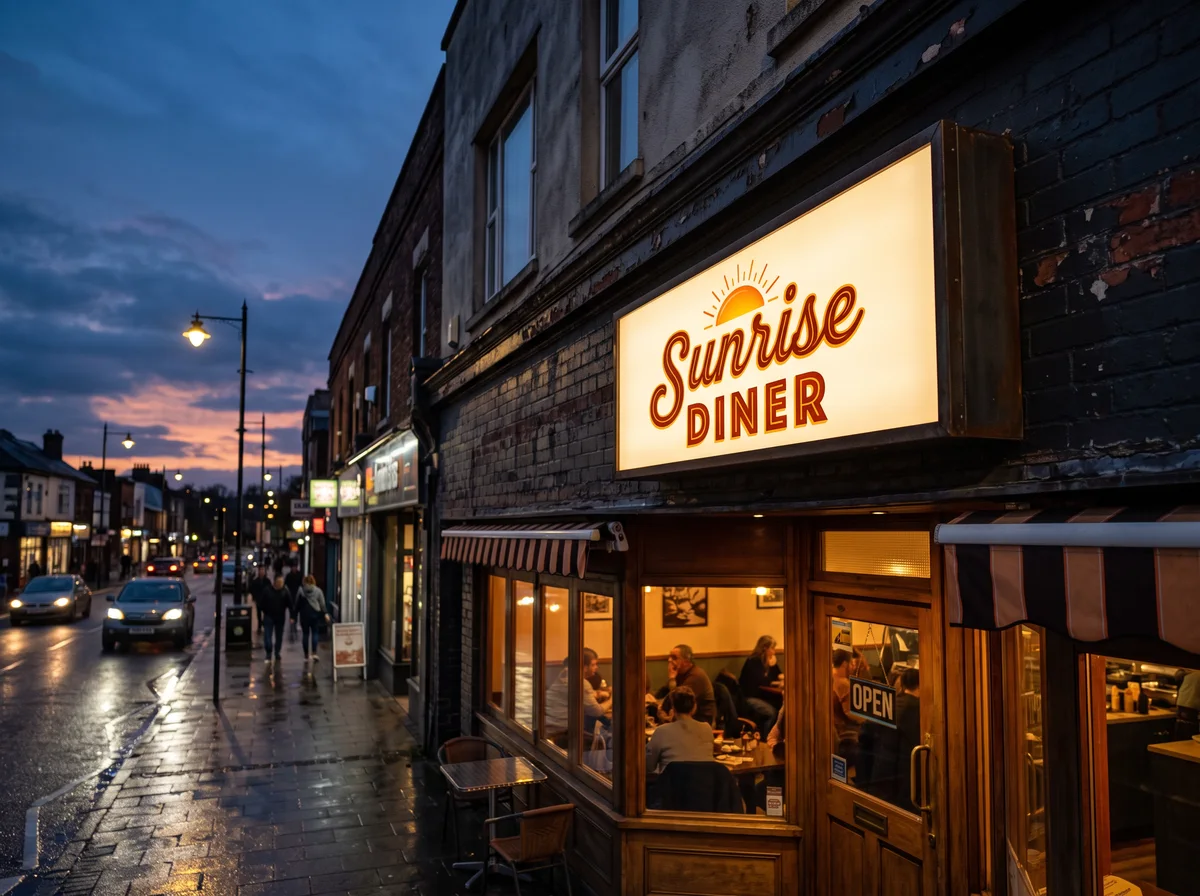 A freshly refaced illuminated cabinet sign glowing above a diner at dusk