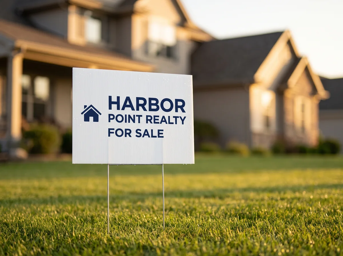 A full-colour corrugated yard sign on wire stakes planted on a residential lawn